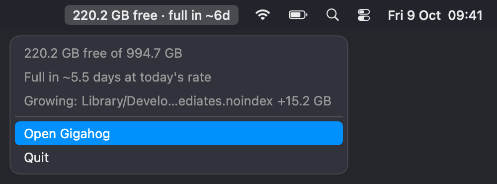 Gigahog in the macOS menu bar showing 220.2 GB free, full in about 6 days, with its menu open: full in about 5.5 days at today's rate, and the folder growing fastest.
